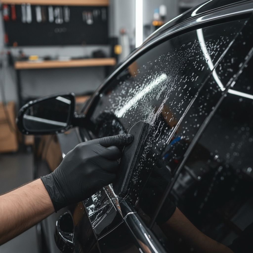 Tint View installer smoothing ceramic window tint film onto a vehicle window